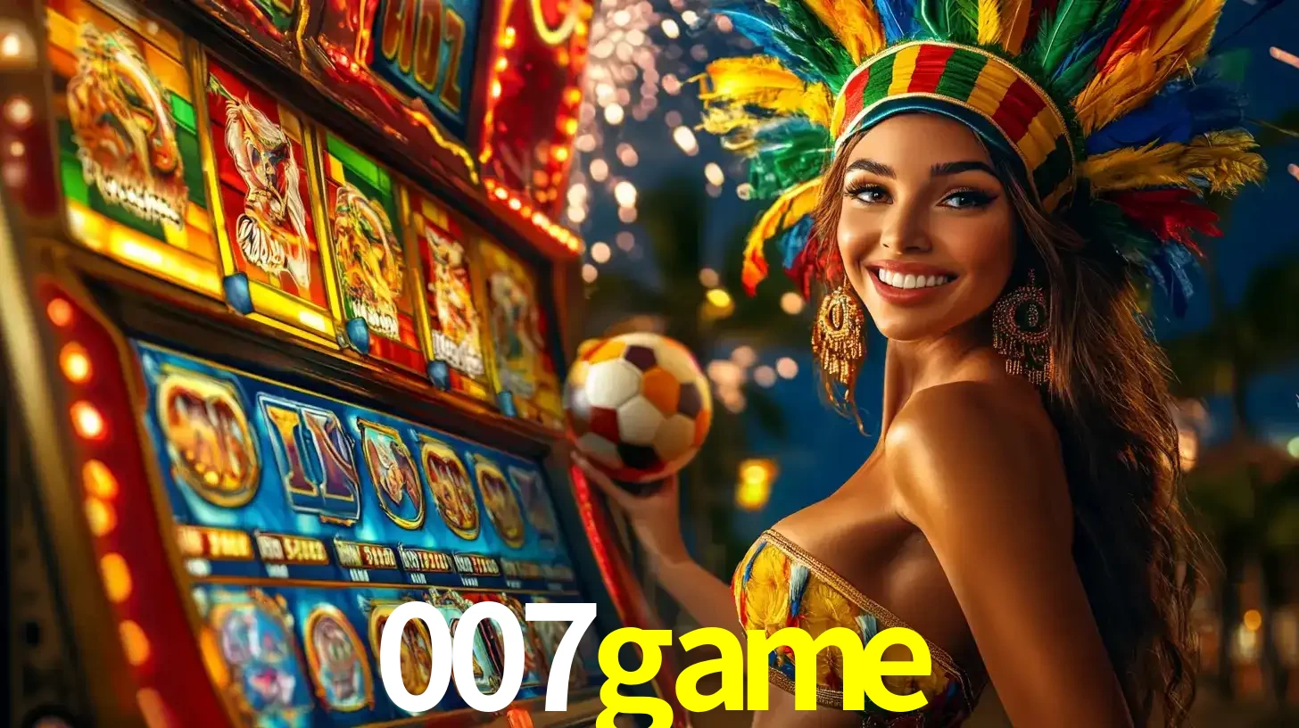 Mulher com um cocar de carnaval ao lado de uma máquina de caça-níqueis enquanto segura uma bola de futebol, mostrando a união da diversão de cassino e esportes no 007game.