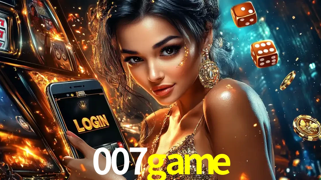Mulher glamourosa segurando um celular com a tela de login do cassino 007game, rodeada por dados e moedas douradas, pronta para começar a diversão.