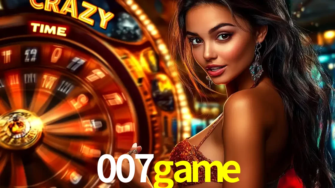 Mulher ao lado da roda de prêmios do jogo de cassino ao vivo Crazy Time, um dos shows de jogos mais emocionantes oferecidos pela plataforma de apostas 007game.