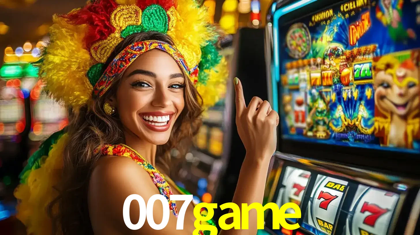 Mulher animada com um cocar de carnaval apontando para uma máquina de caça-níqueis, mostrando a emoção de ganhar um grande prêmio nos jogos do 007game.