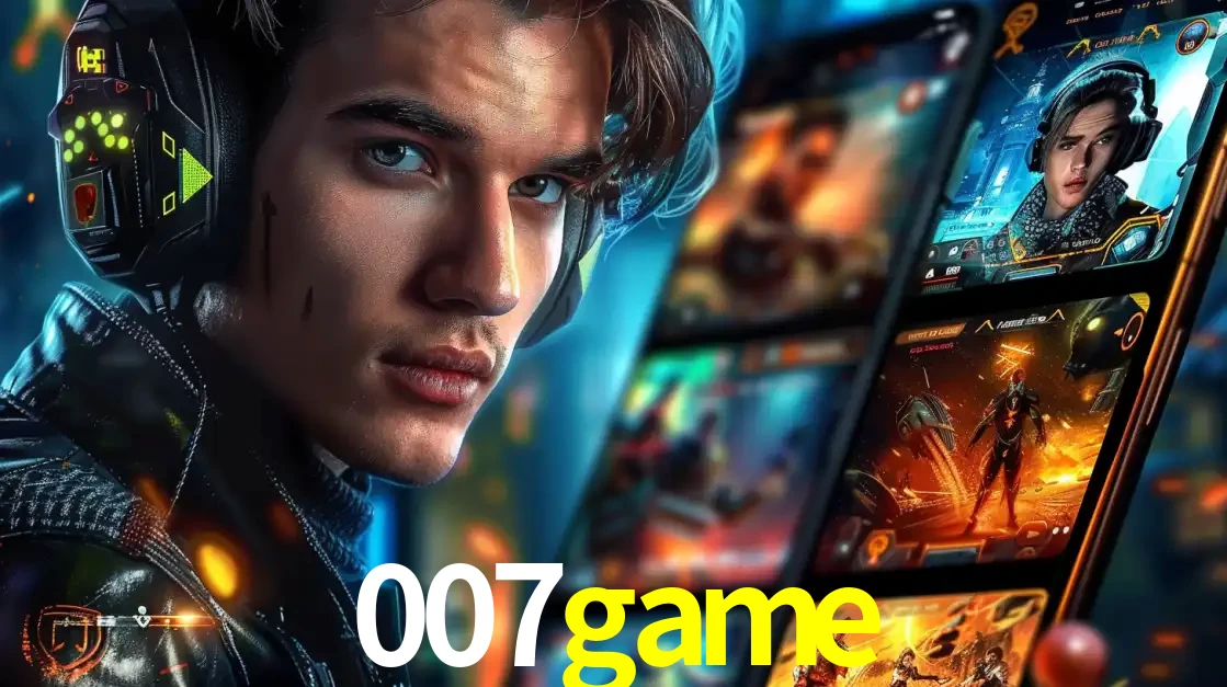 Jovem jogador com fones de ouvido olhando para a câmera, com um aplicativo de jogos e e-sports para celular ao fundo, pronto para a competição e apostas no 007game.