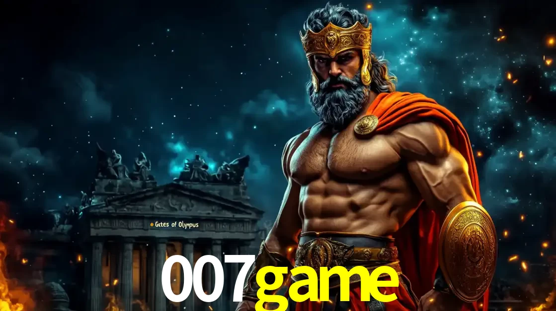 O poderoso Zeus do jogo de slot Gates of Olympus em frente ao seu templo, pronto para lançar multiplicadores divinos e prêmios épicos no cassino online 007game.