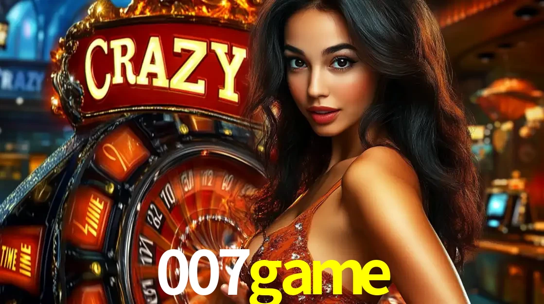 Mulher glamourosa olhando para a câmera com a roda vermelha do Crazy Time ao fundo em um ambiente de cassino, destacando a emoção dos jogos ao vivo no 007game.