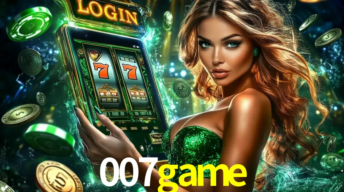 Mulher com tema verde apresentando o aplicativo do cassino 007game com um jogo de slot de 777, cercada por fichas de cassino e uma aura de sorte.