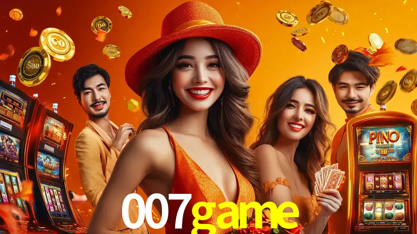 Grupo de amigos asiáticos sorrindo e se divertindo com máquinas de caça-níqueis em um ambiente festivo, celebrando suas vitórias nos jogos de cassino do 007game.