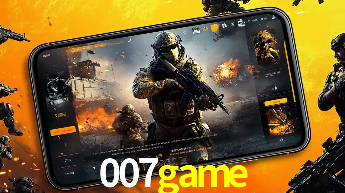 Um smartphone exibindo a interface de um jogo de tiro em primeira pessoa, com um soldado em um cenário de batalha, representando a ação dos e-sports para apostar no 007game.