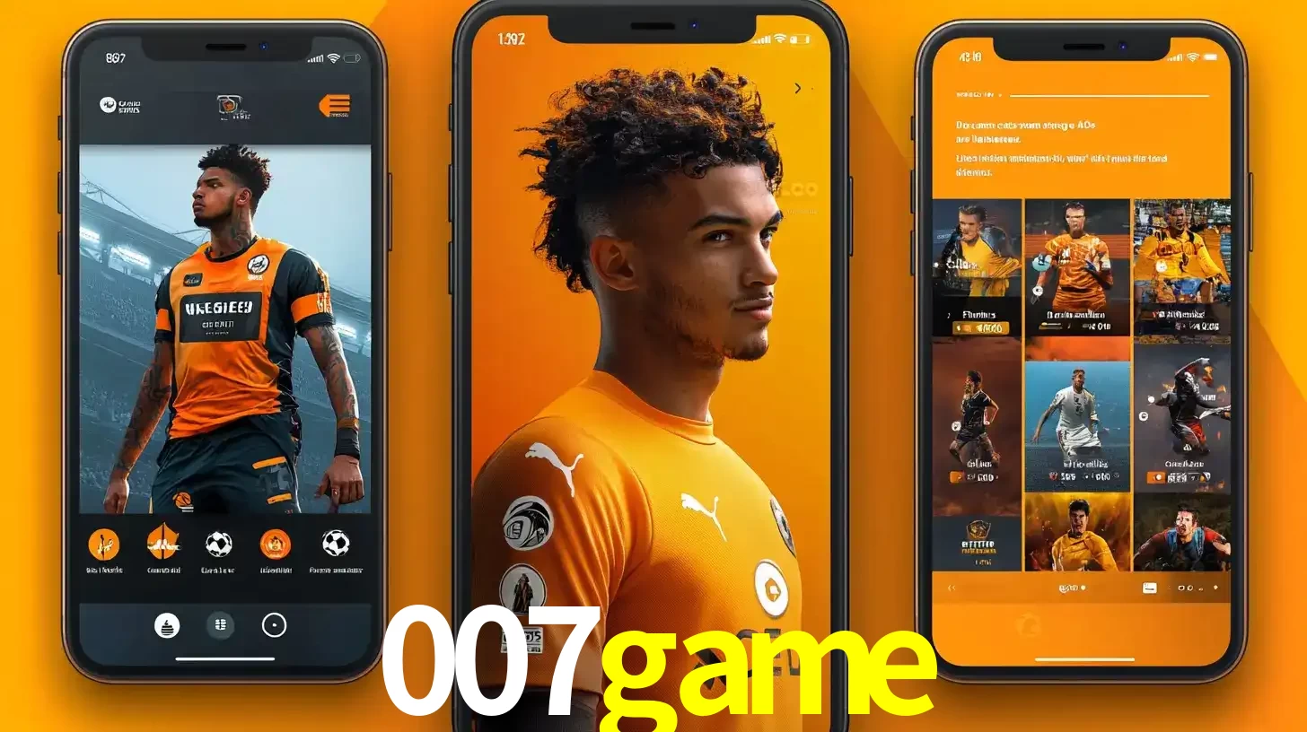 Interface do aplicativo de apostas esportivas 007game em três telas de celular, mostrando o perfil de um jogador de futebol e a lista de jogos disponíveis para apostar.