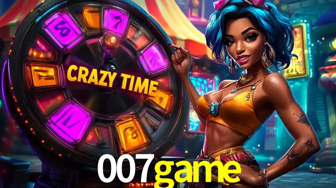 Mulher estilizada com cabelo azul e visual vibrante posando ao lado da roda de prêmios do game show Crazy Time, convidando para a diversão e os bônus do cassino 007game.