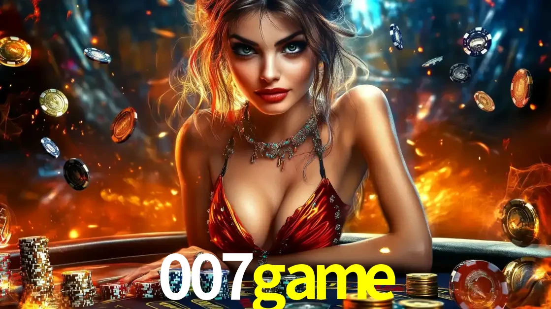 Mulher em uma mesa de cassino com pilhas de fichas e um fundo de fogo, pronta para uma rodada de altas apostas nos jogos de mesa emocionantes do cassino 007game.