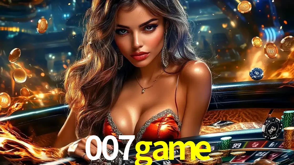 Mulher glamourosa em uma mesa de roleta com um fundo de chamas e moedas voadoras, pronta para fazer sua aposta e ganhar grandes prêmios no cassino ao vivo 007game.