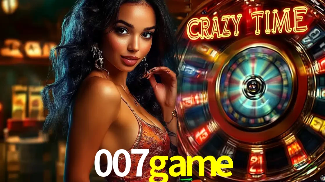 Mulher elegante ao lado da vibrante roda da fortuna do jogo de cassino ao vivo Crazy Time, um dos game shows mais populares e cheios de prêmios do 007game.