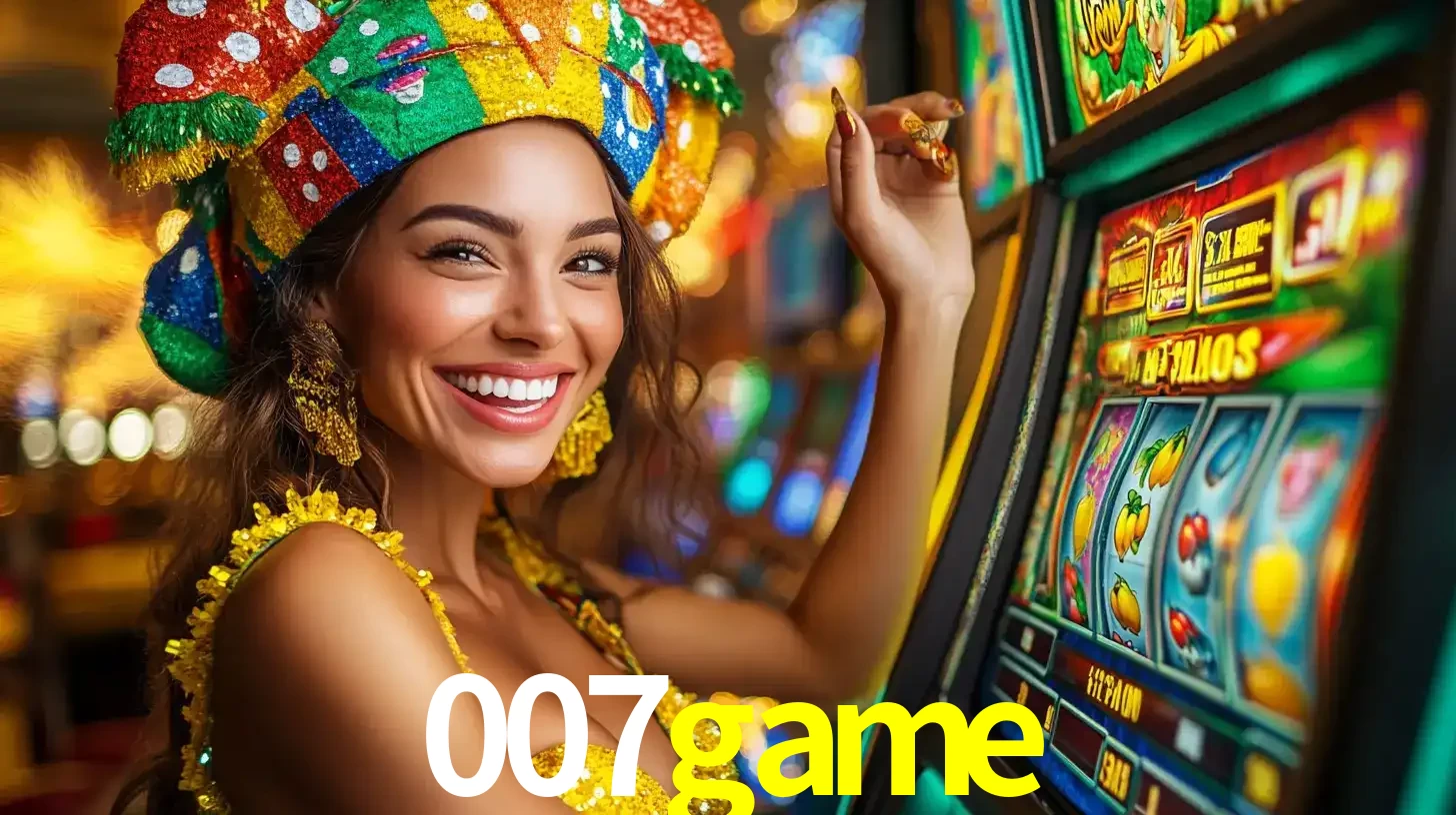 Mulher feliz com traje de carnaval amarelo e colorido ao lado de uma máquina de caça-níqueis, aproveitando a diversão e os jogos temáticos do cassino 007game.