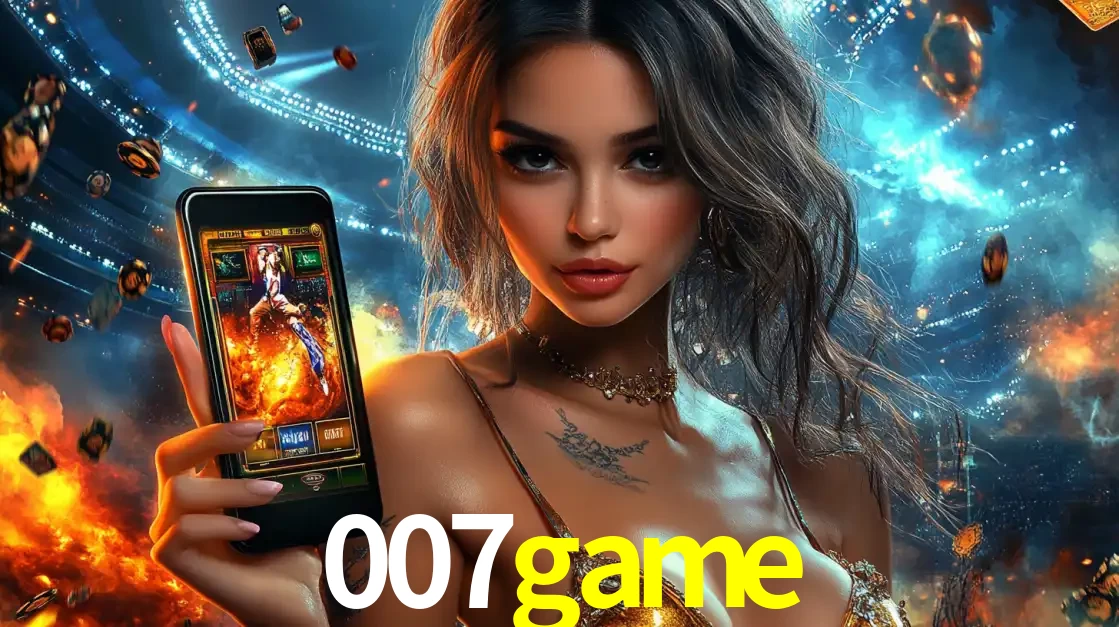 Mulher segurando um celular com um jogo de slot em destaque, tendo como fundo um estádio vibrante, simbolizando a emoção de jogar no cassino móvel 007game.