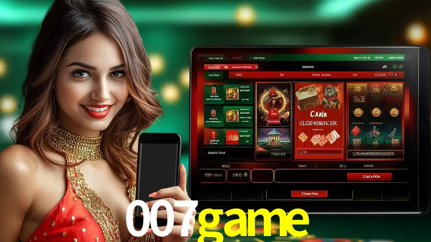 Mulher sorridente segurando um smartphone, ao lado de uma tela exibindo o lobby de jogos do cassino online 007game, com várias opções de jogos de cartas e slots.